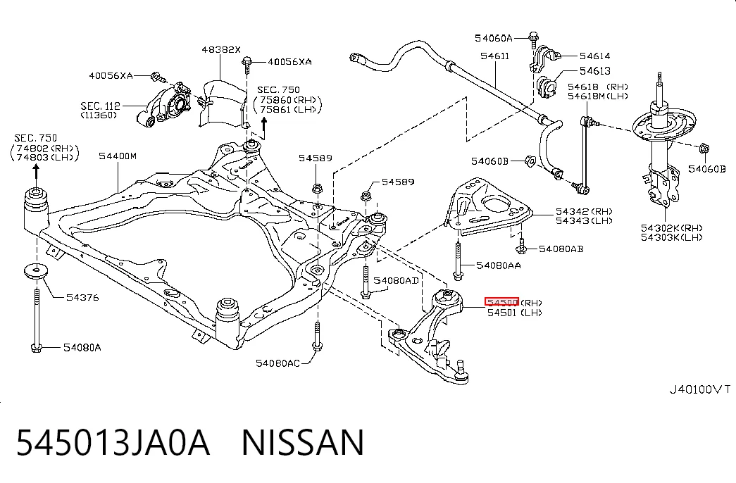 545013JA0A Nissan/Infiniti Braço oscilante inferior direito de suspensão dianteira