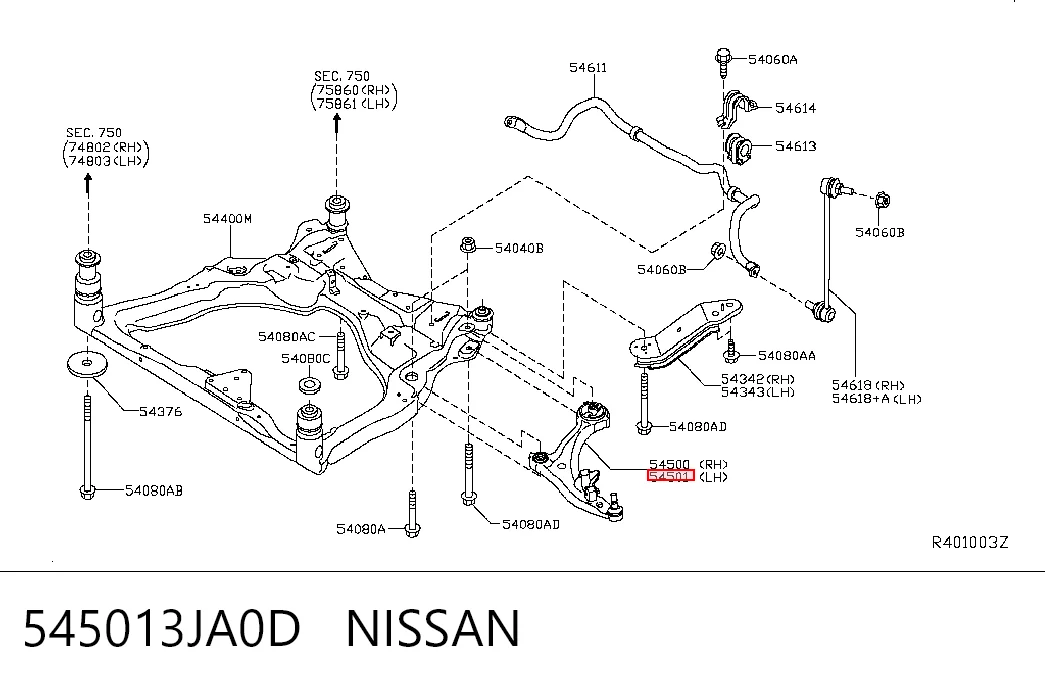 545013JA0D Nissan/Infiniti Braço oscilante inferior esquerdo de suspensão dianteira