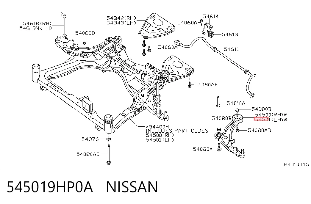 545019HP0A Nissan/Infiniti Braço oscilante inferior esquerdo de suspensão dianteira