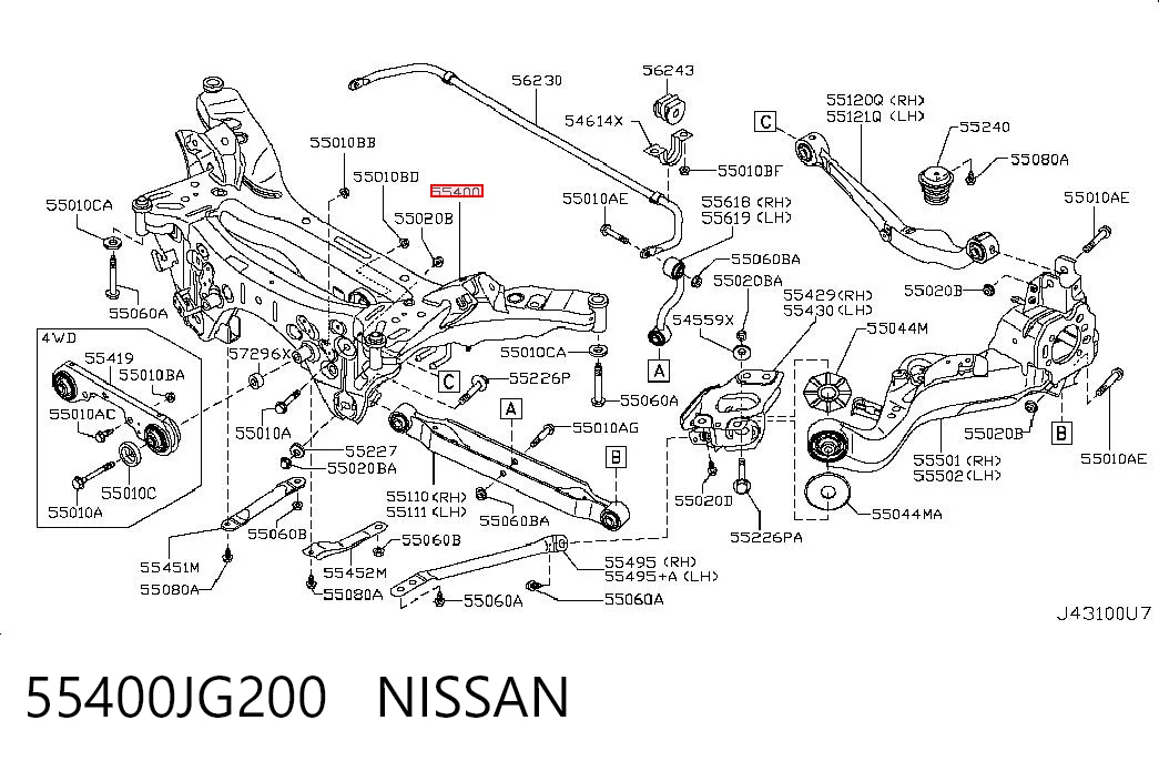 55400JG200 Nissan/Infiniti Viga de suspensão traseira (plataforma veicular)