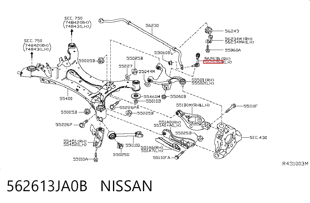 562613JA0B Nissan/Infiniti Montante esquerdo de estabilizador traseiro