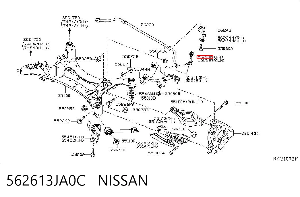 562613JA0C Nissan/Infiniti Montante direito de estabilizador traseiro