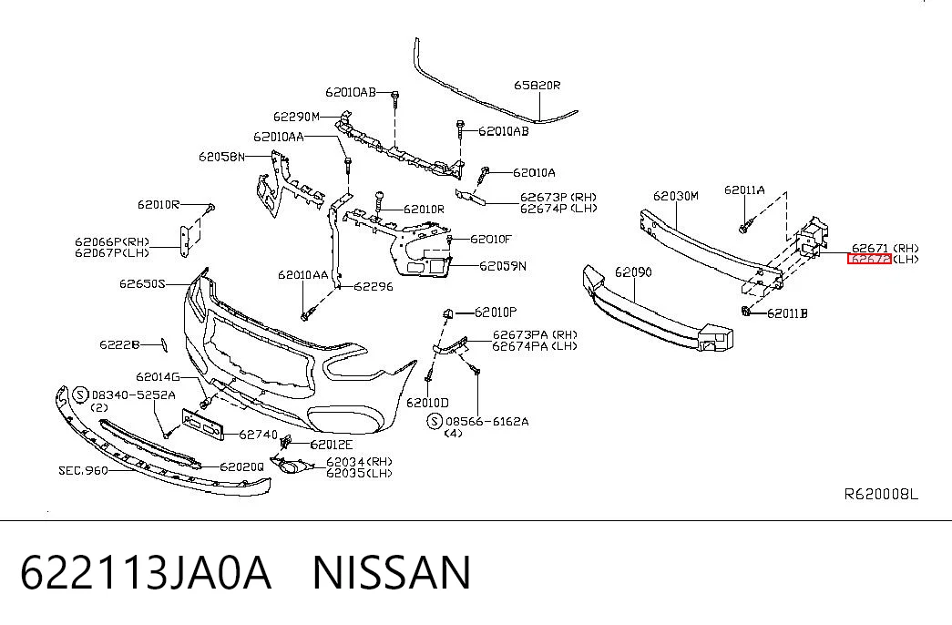 622113JA0A Nissan/Infiniti Consola de reforçador do pára-choque dianteiro