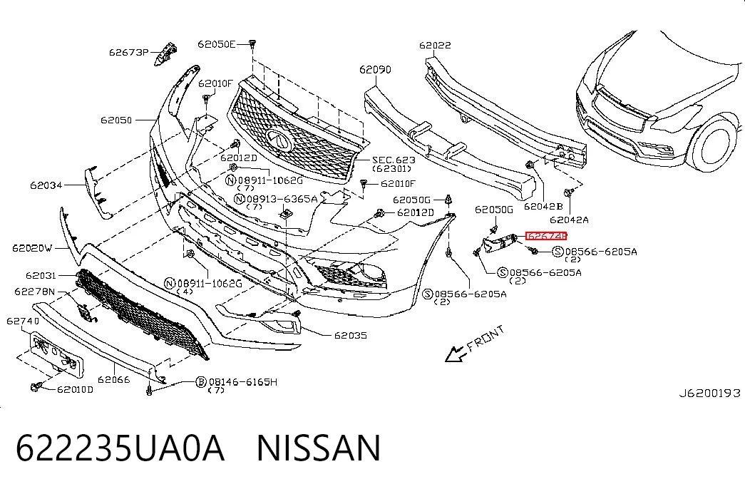 622235UA0A Nissan/Infiniti Consola do pára-choque dianteiro esquerdo