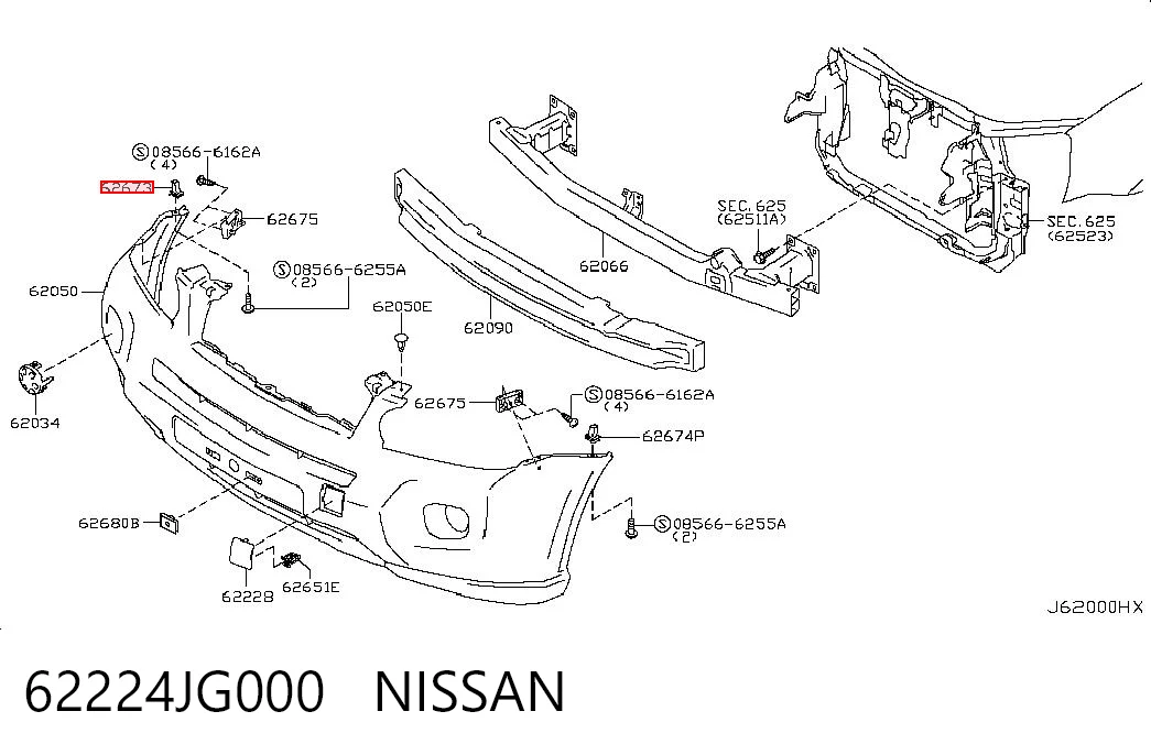 62224JG000 Nissan/Infiniti Consola externa direita do pára-choque dianteiro