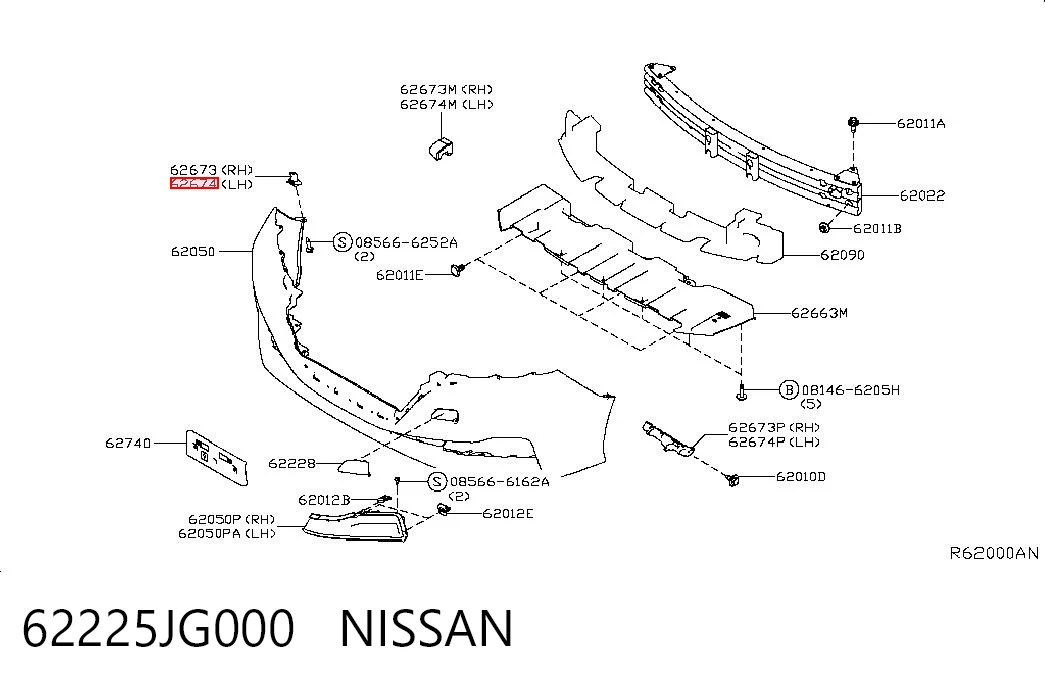62225JG000 Nissan/Infiniti Consola externa esquerda do pára-choque dianteiro