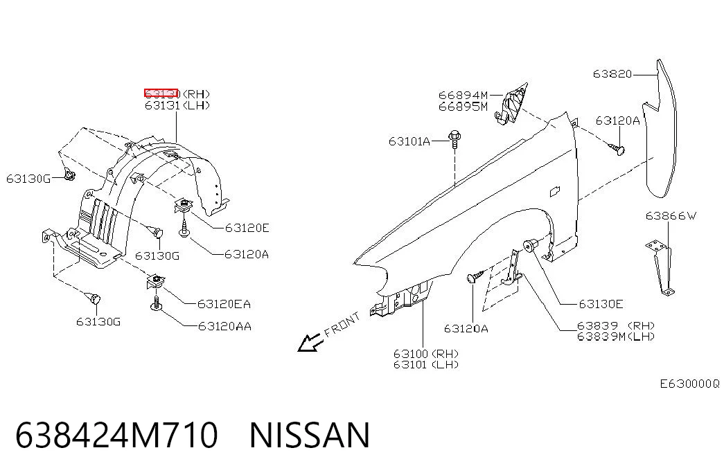 Guarda-barras direito do pára-lama dianteiro para Nissan Almera II N16