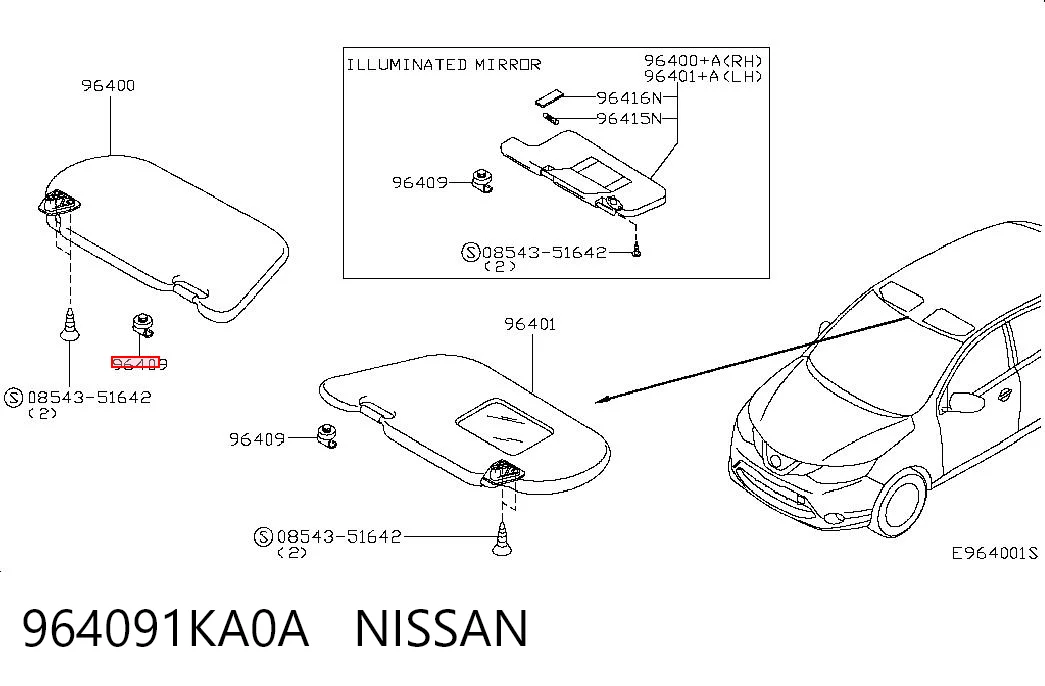 964091KA0A Nissan/Infiniti Fixador de pala contra o sol