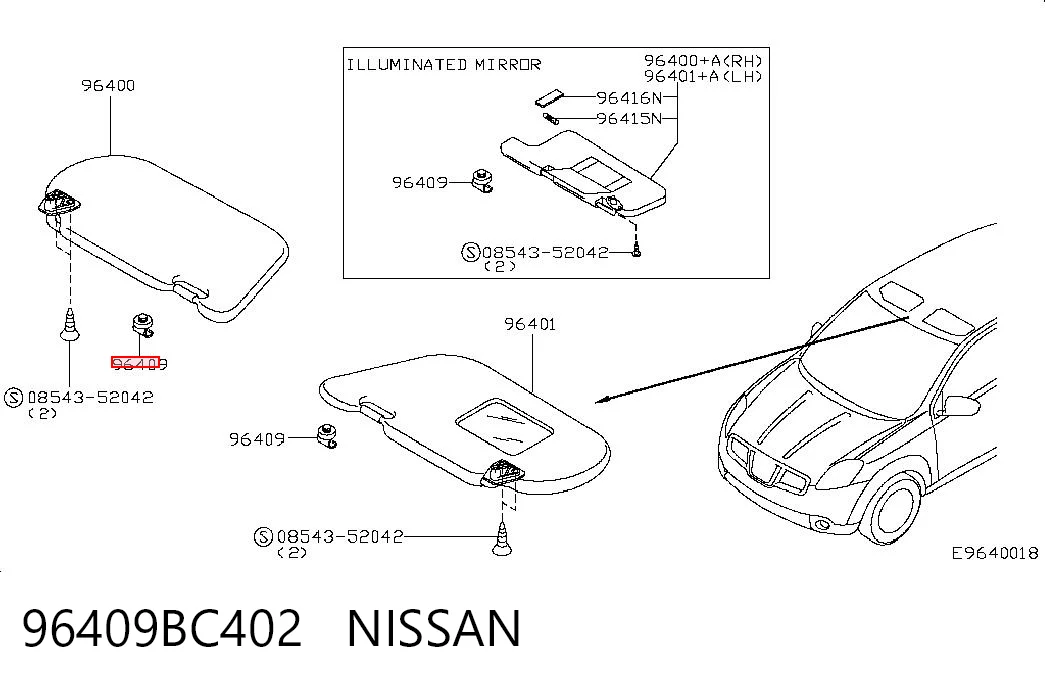 96409BC402 Nissan/Infiniti Fixador de pala contra o sol