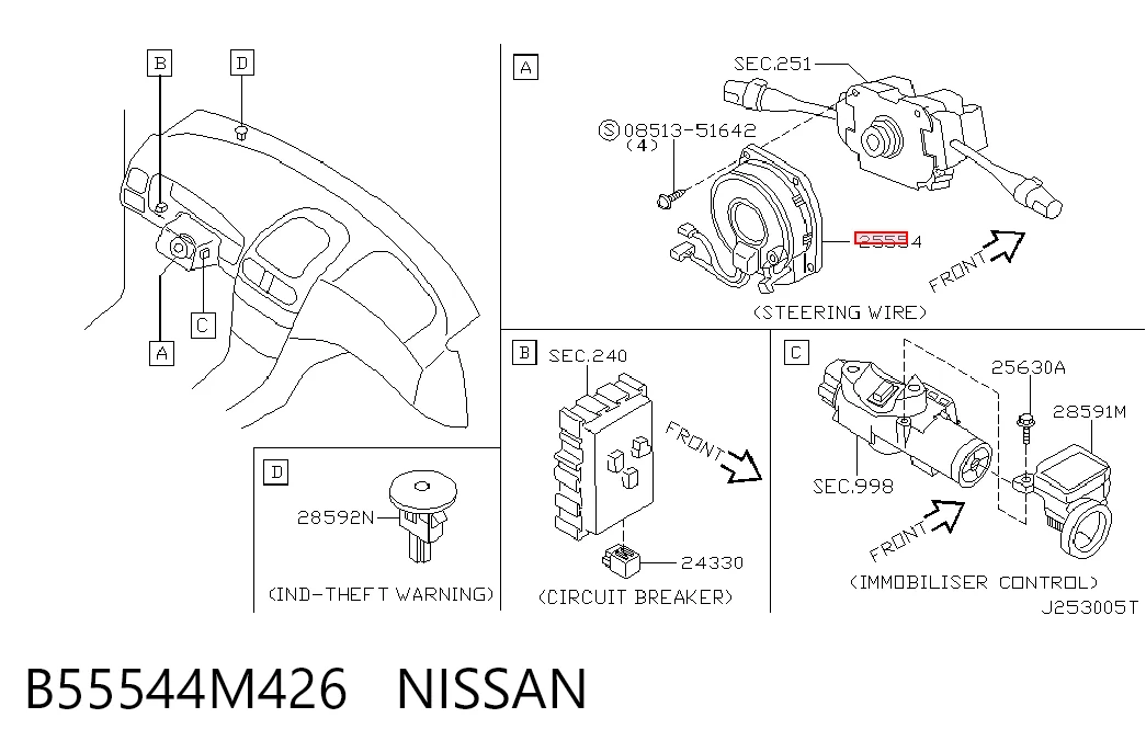 Anel AIRBAG de contato, cabo plano do volante para Nissan Almera II N16