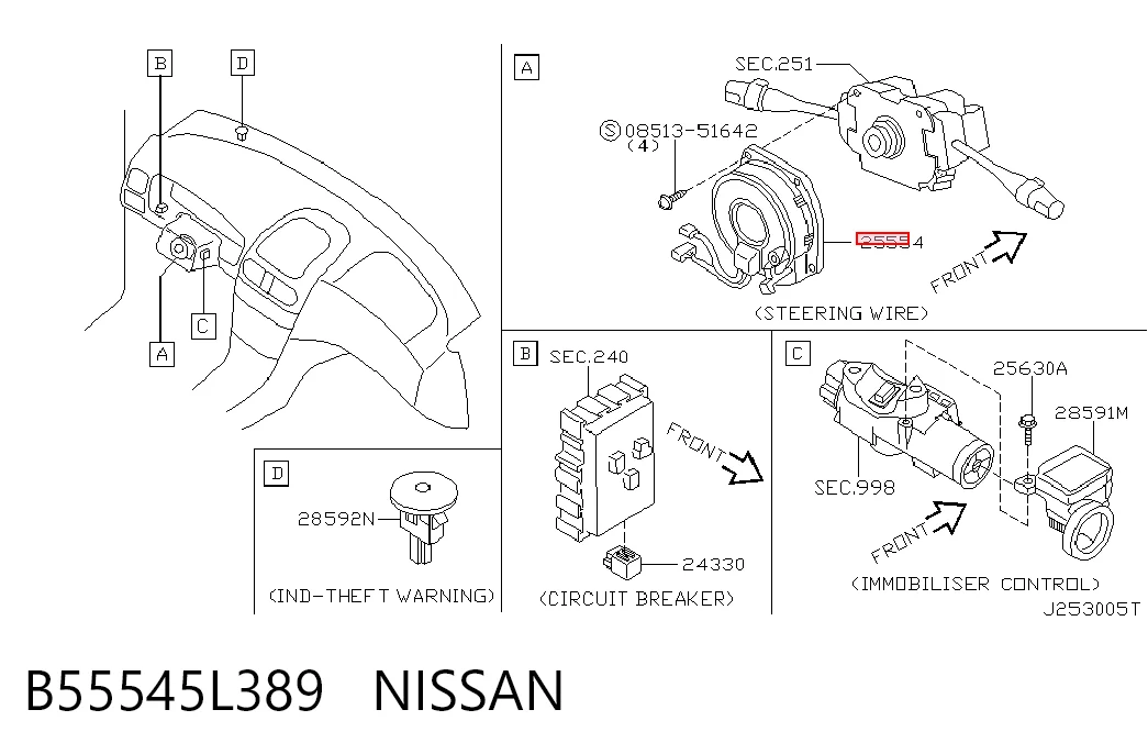 Anel AIRBAG de contato, cabo plano do volante Nissan Almera II N16