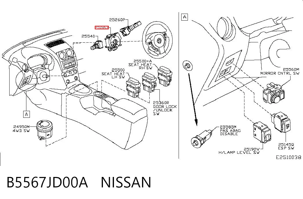 B5567JD00A Nissan/Infiniti Comutador instalado na coluna da direção, parte central