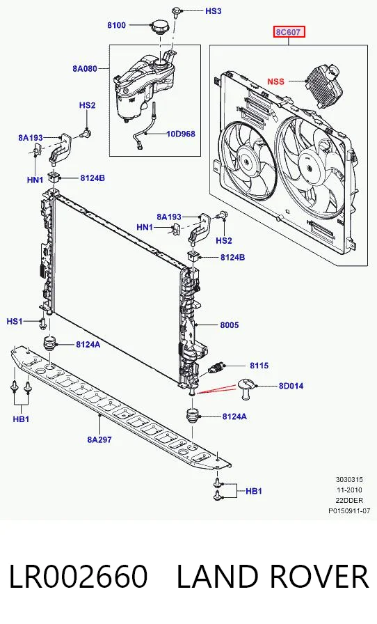 LR002660 Land Rover Difusor do radiador de esfriamento, montado com motor e roda de aletas