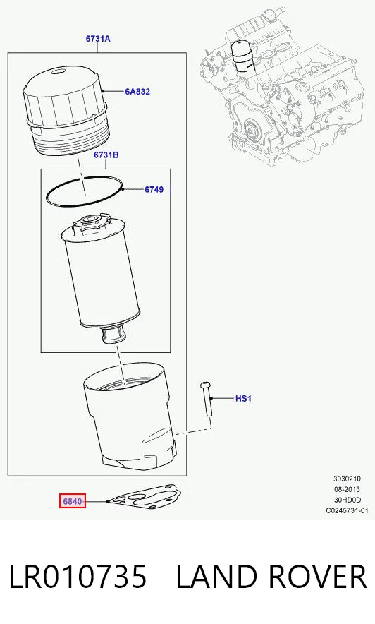 LR010735 Land Rover Vedante de adaptador do filtro de óleo