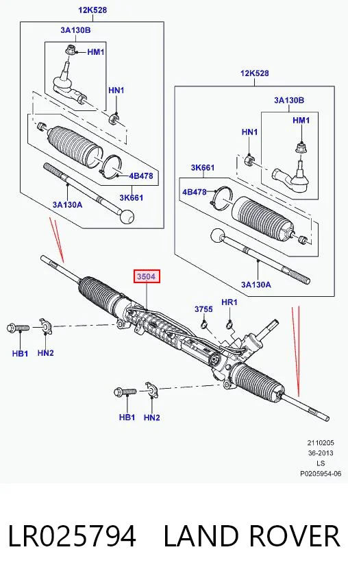 LR025794 Land Rover Cremalheira da direção