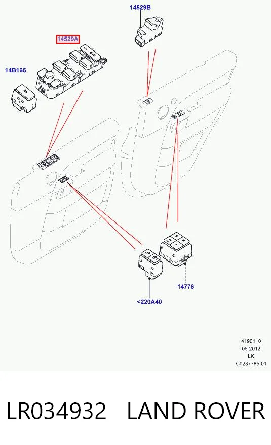 LR034932 Land Rover Unidade de botões dianteira esquerda de controlo de elevador de vidro