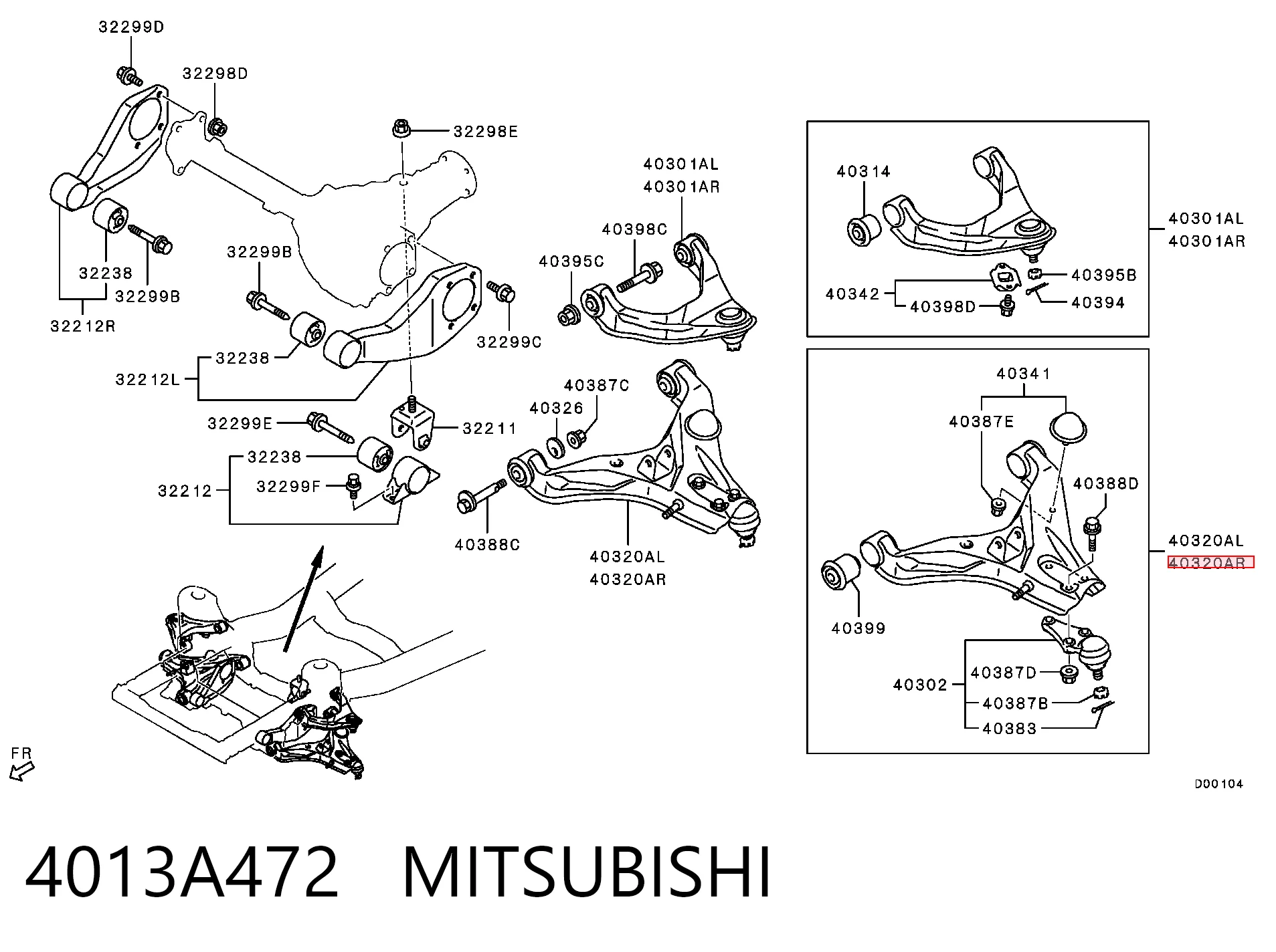 4013A472 Mitsubishi Braço oscilante inferior direito de suspensão dianteira