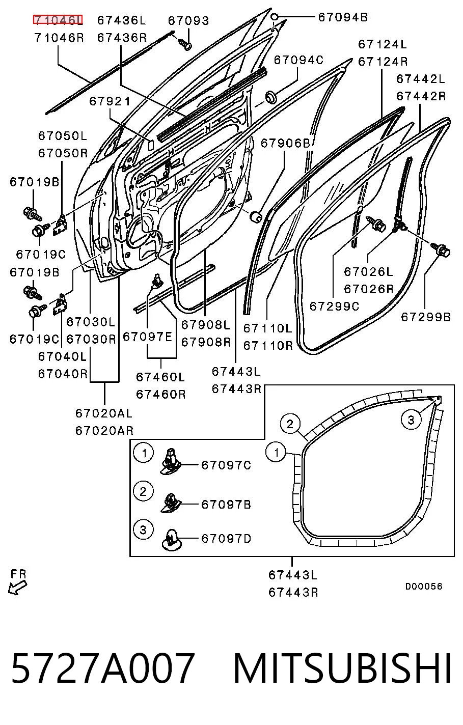 5727A007 Mitsubishi Moldura de vidro deslizante da porta dianteira esquerda