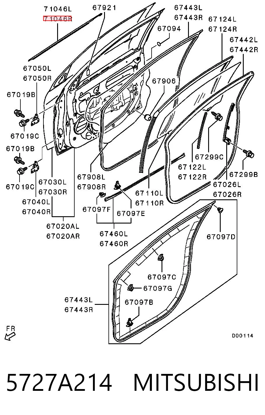 5727A214 Mitsubishi Compactador externo de vidro da porta dianteira direita (chapa)