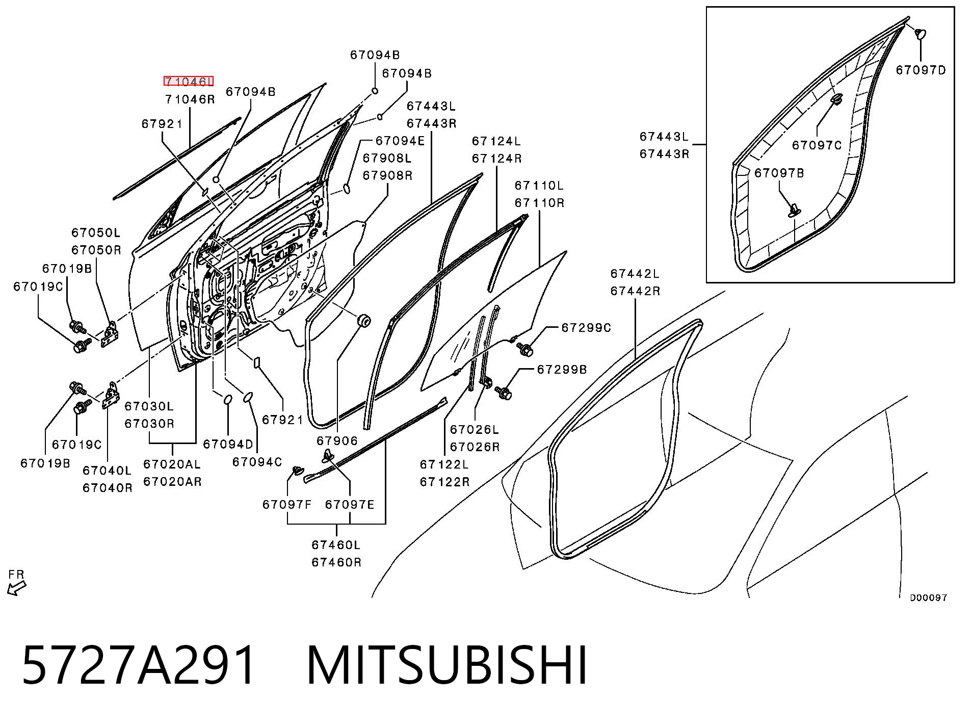5727A291 Mitsubishi Moldura de vidro deslizante da porta dianteira esquerda