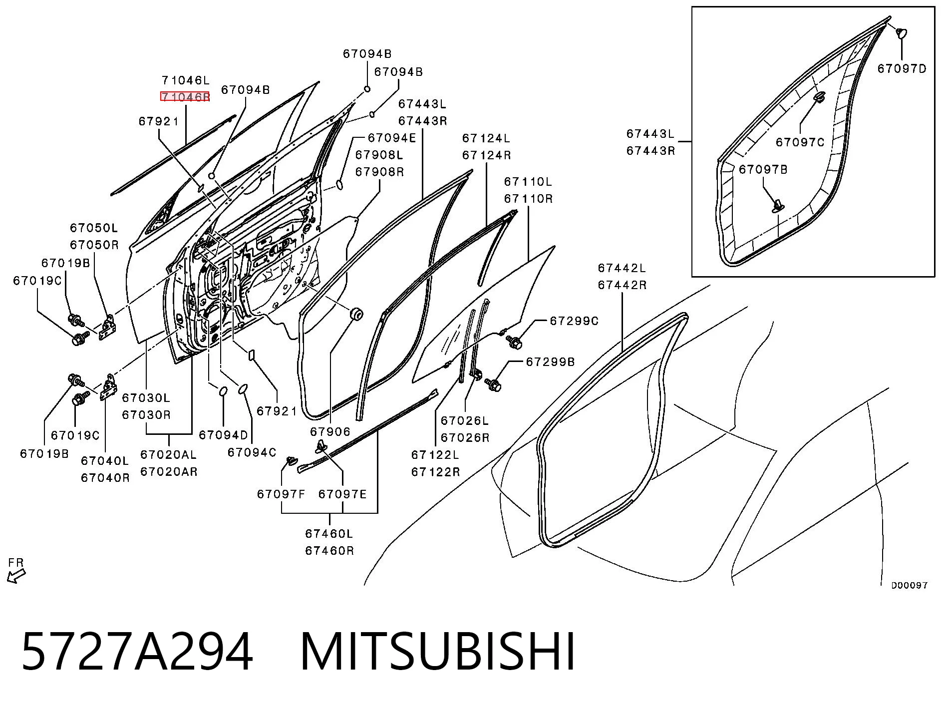 5727A294 Mitsubishi Compactador externo de vidro da porta dianteira direita (chapa)