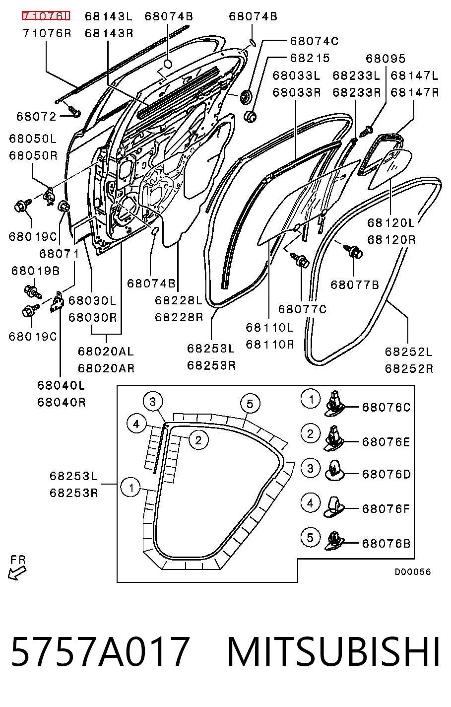 5757A017 Mitsubishi Moldura de vidro deslizante da porta traseira esquerda