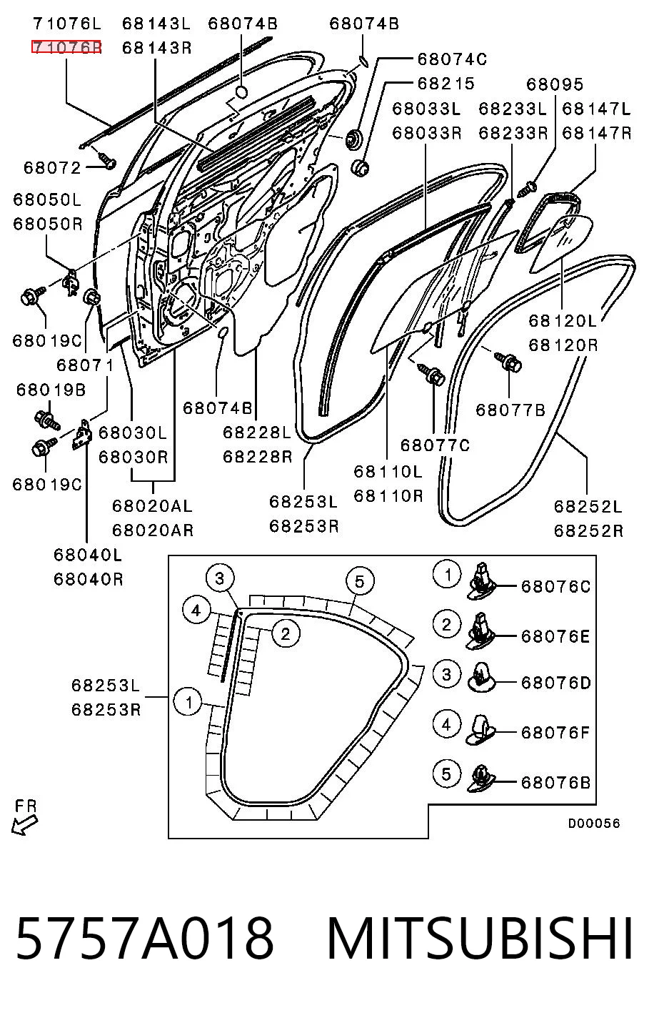 5757A018 Mitsubishi Moldura de vidro deslizante da porta traseira direita