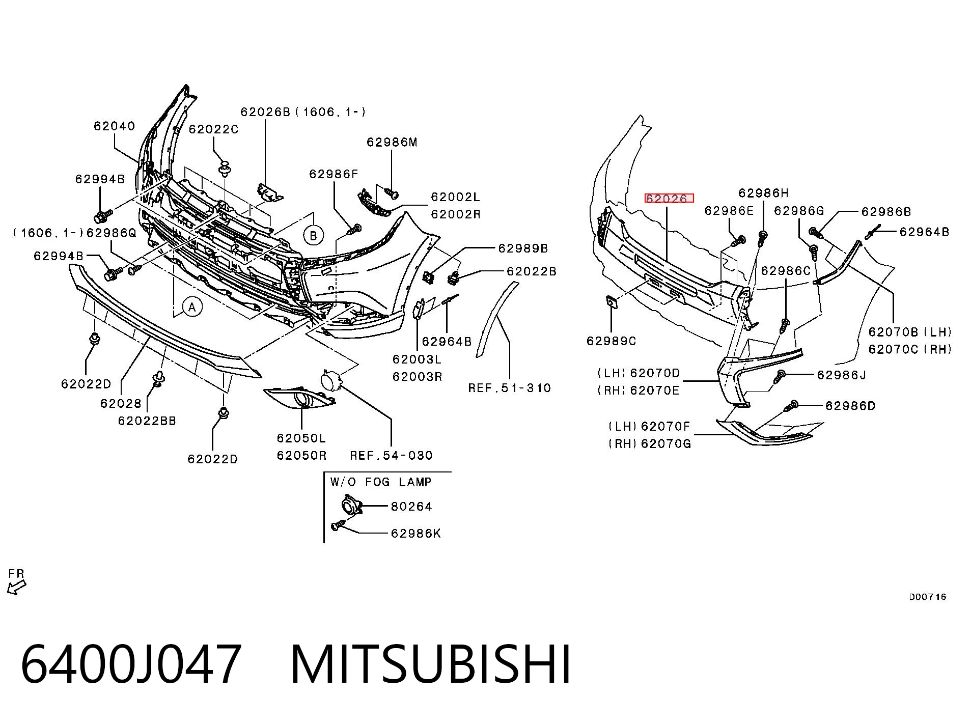 6400J047 Mitsubishi Placa sobreposta do pára-choque dianteiro