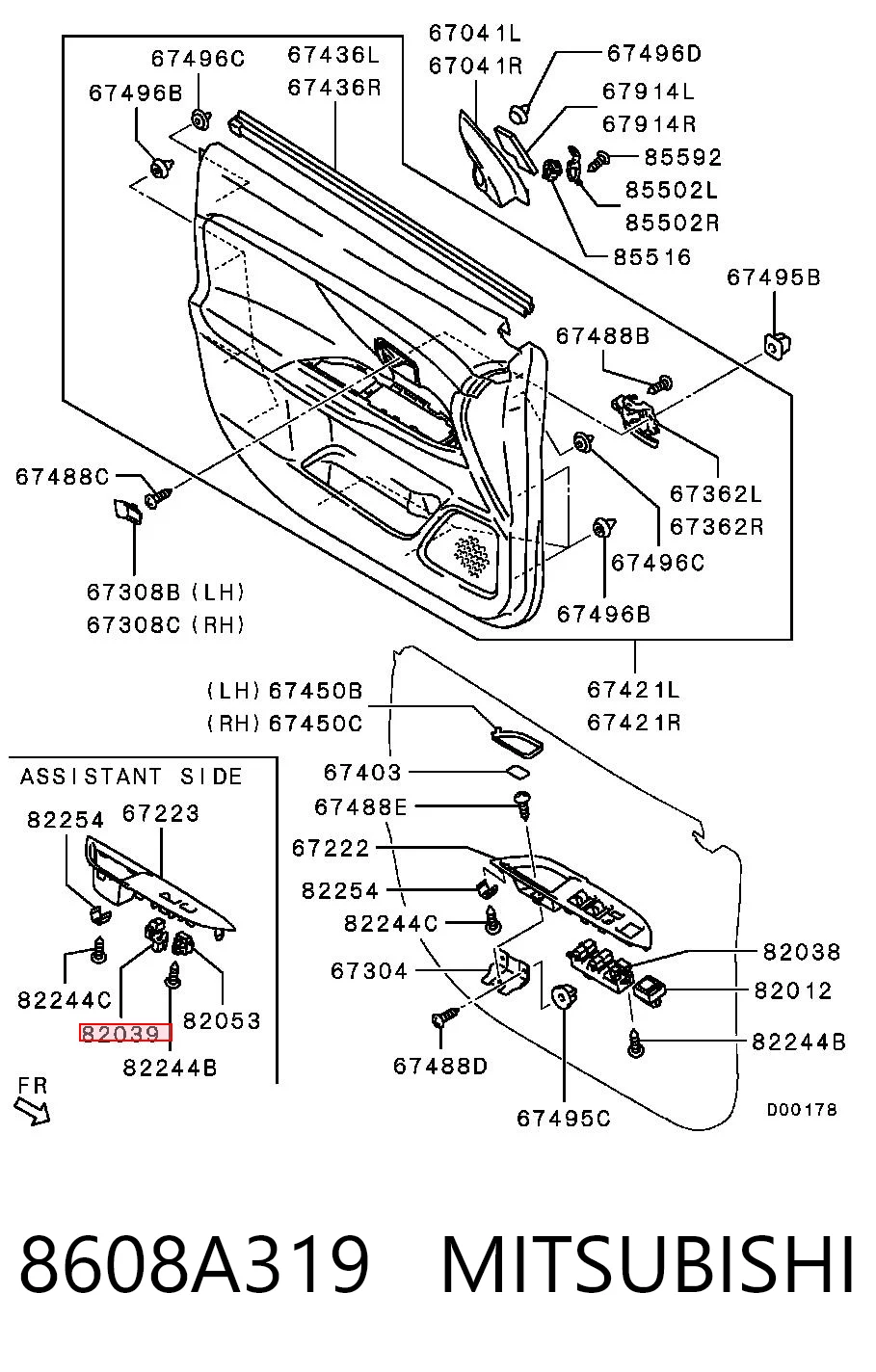 8608A319 Mitsubishi Botão dianteiro direito de ativação de motor de acionamento de vidro