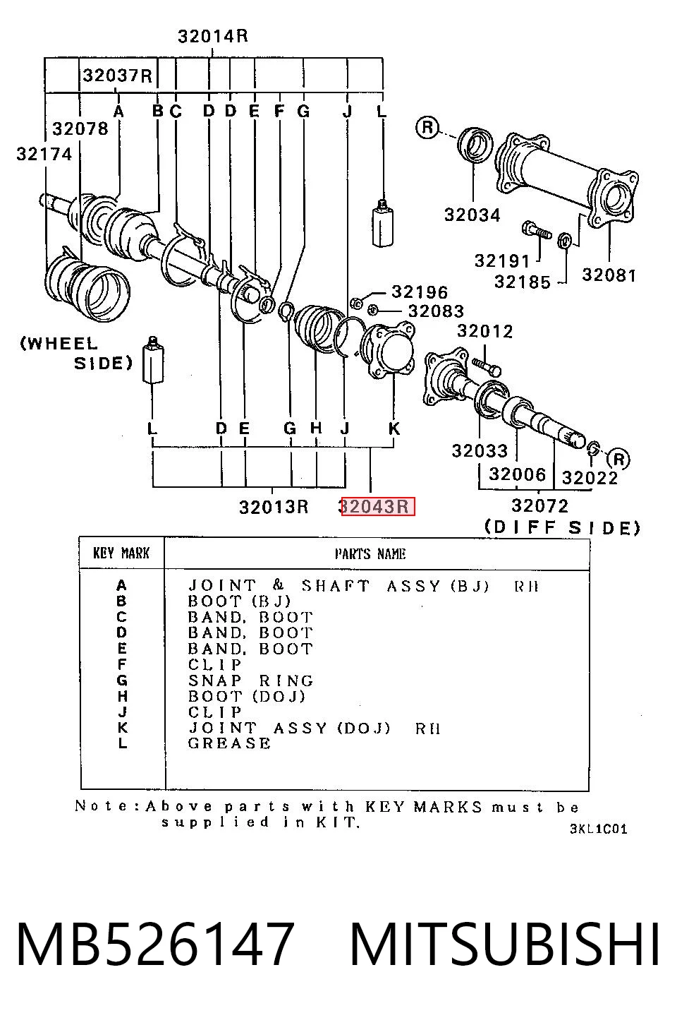 Junta homocinética externa dianteira direita Hyundai/Kia MB526147