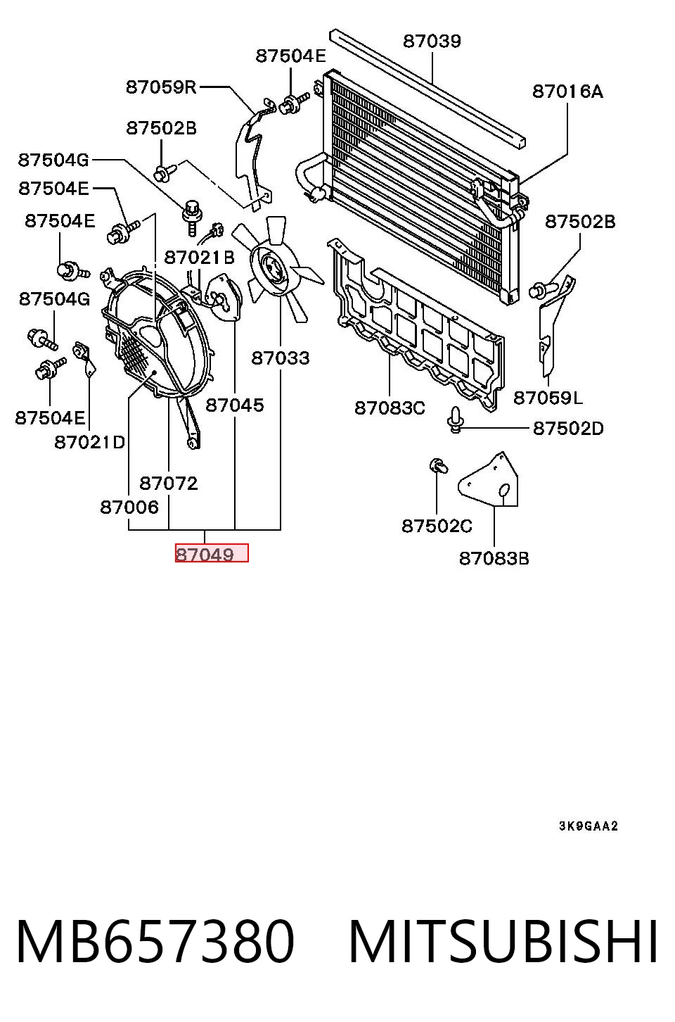 MB657380 Mitsubishi Difusor do radiador de aparelho de ar condicionado, montado com roda de aletas e o motor