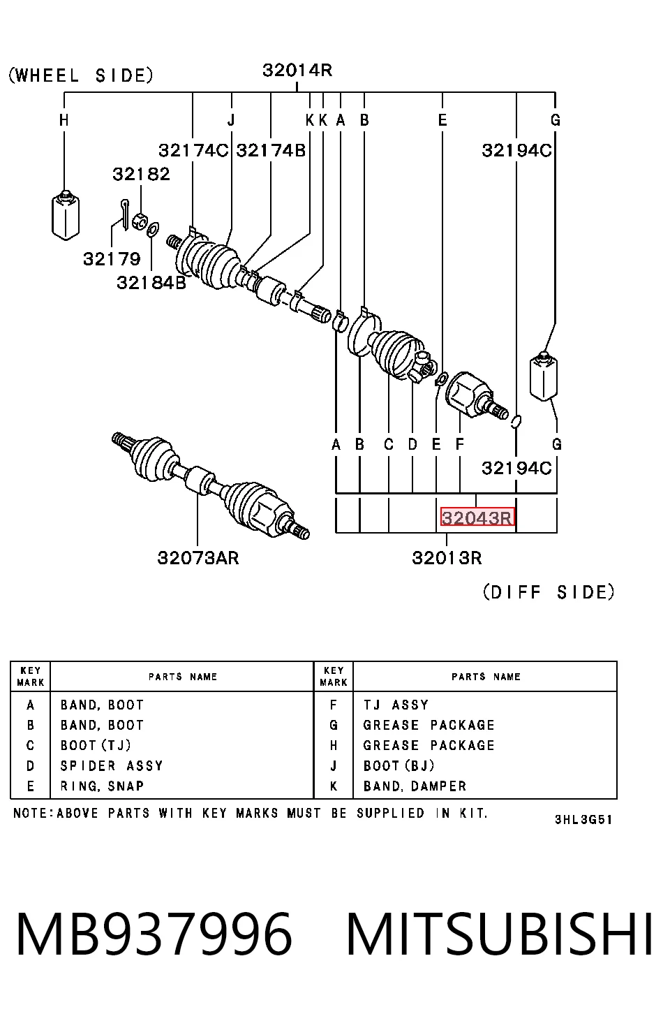  Junta homocinética externa dianteira Mitsubishi Lancer V carrinha (CBW,CDW) (1992 - 2000) V