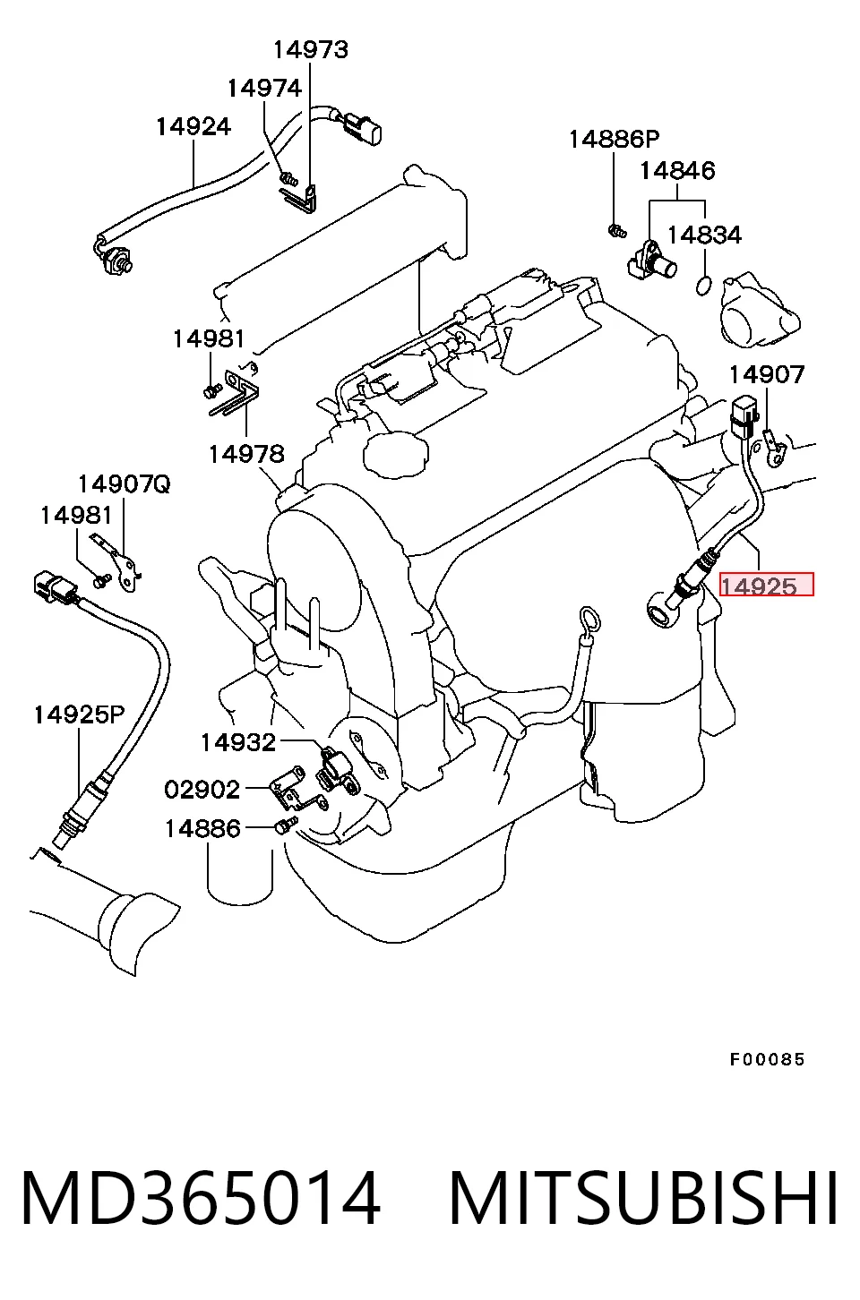 MD365014 Mitsubishi Sonda lambda, sensor direito de oxigênio até o catalisador