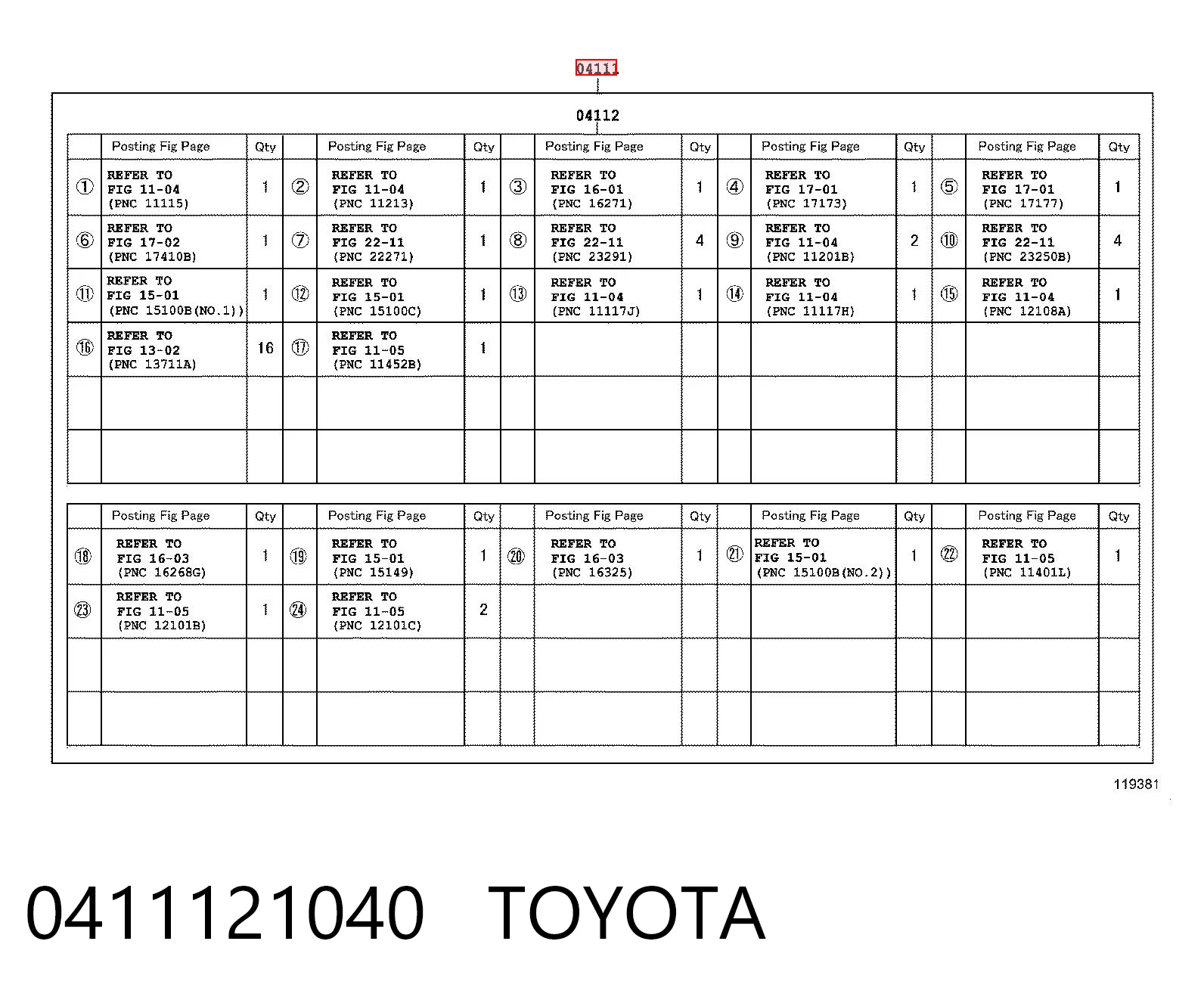 0411121040 Toyota Kit de vedantes de motor completo