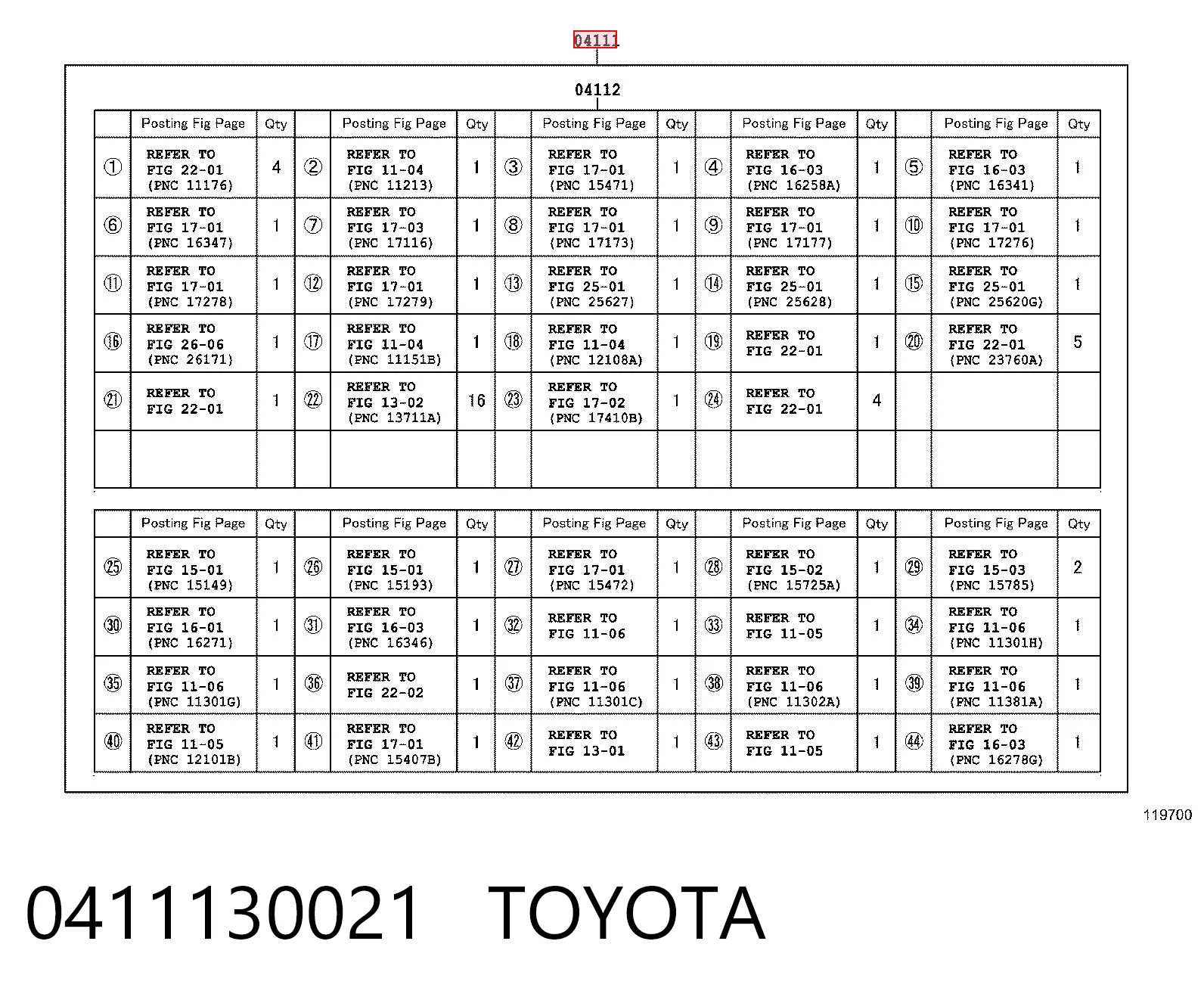0411130021 Toyota Kit de vedantes de motor completo