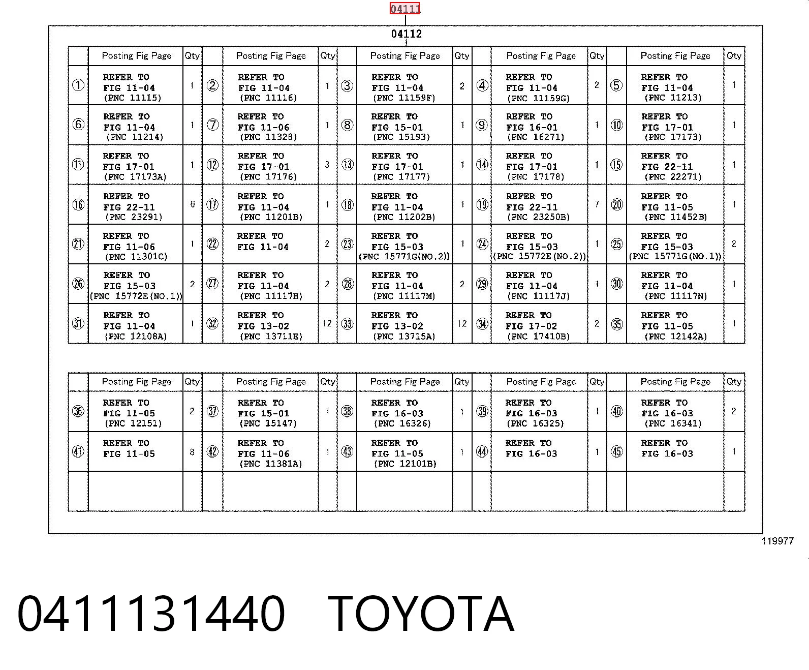 0411131440 Toyota Kit de vedantes de motor completo
