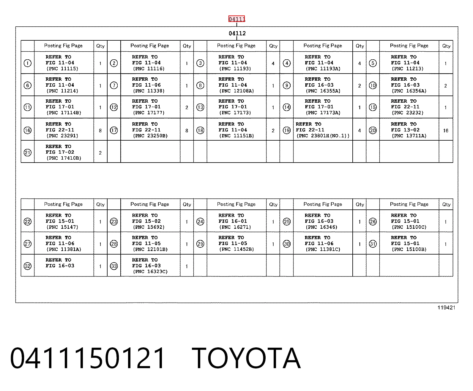 0411150121 Toyota Kit de vedantes de motor completo