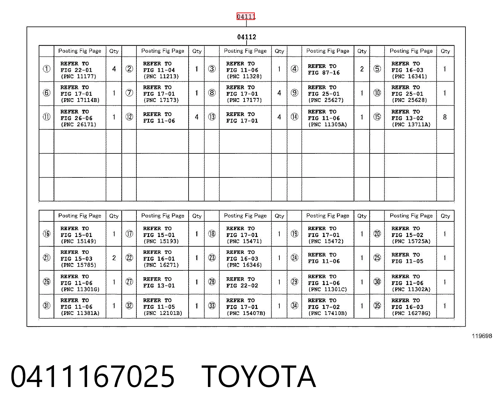 0411167025 Toyota Kit de vedantes de motor completo