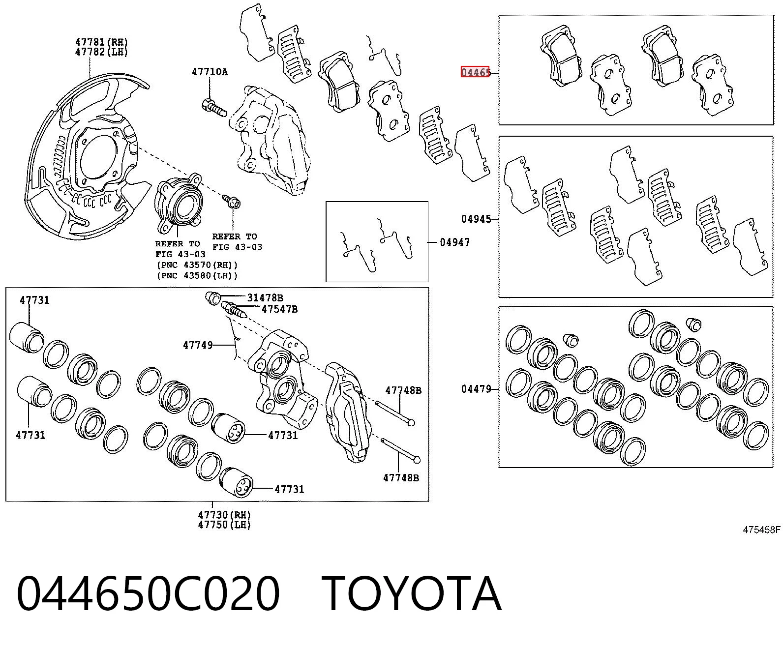 044650C020 Toyota Sapatas do freio dianteiras de disco