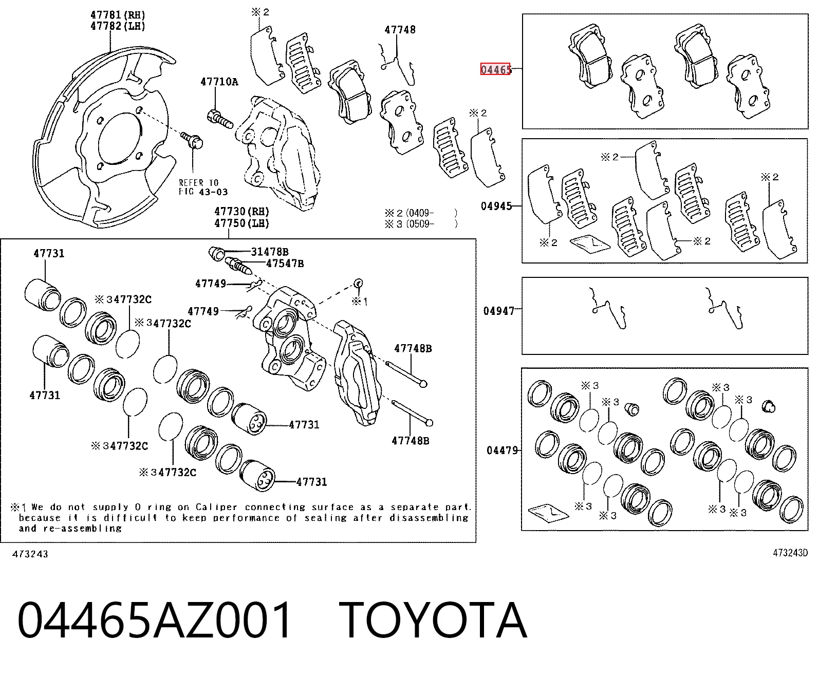 04465AZ001 Toyota Sapatas do freio dianteiras de disco