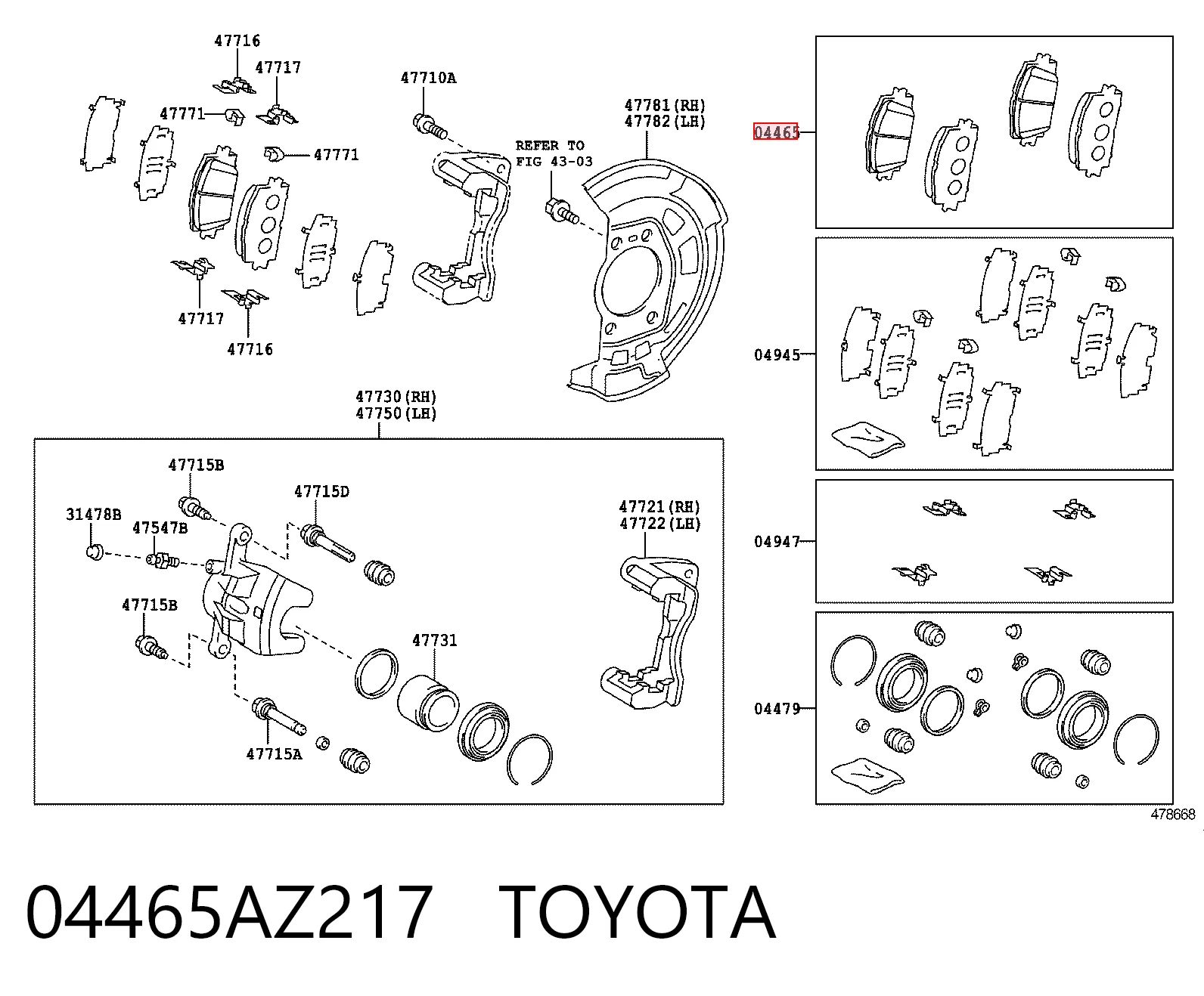 04465AZ217 Toyota Sapatas do freio dianteiras de disco