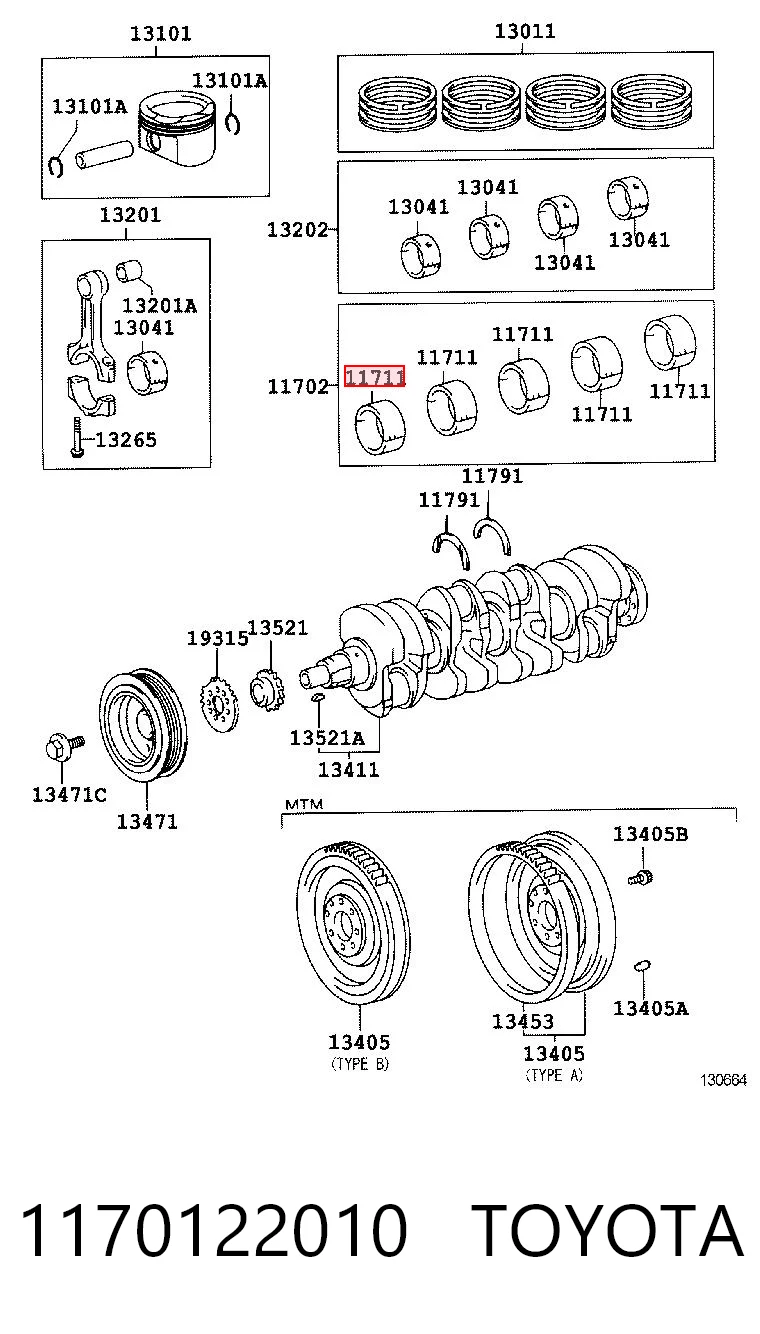 1170122010 Toyota Folhas inseridas principais de cambota, kit, padrão (STD)