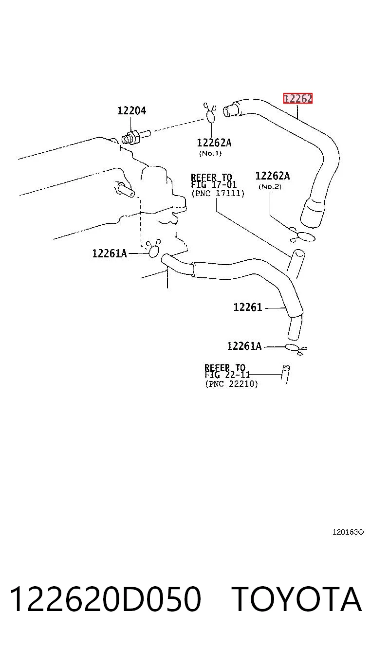 122620D050 Toyota Cano derivado de ventilação de cárter (de separador de óleo)