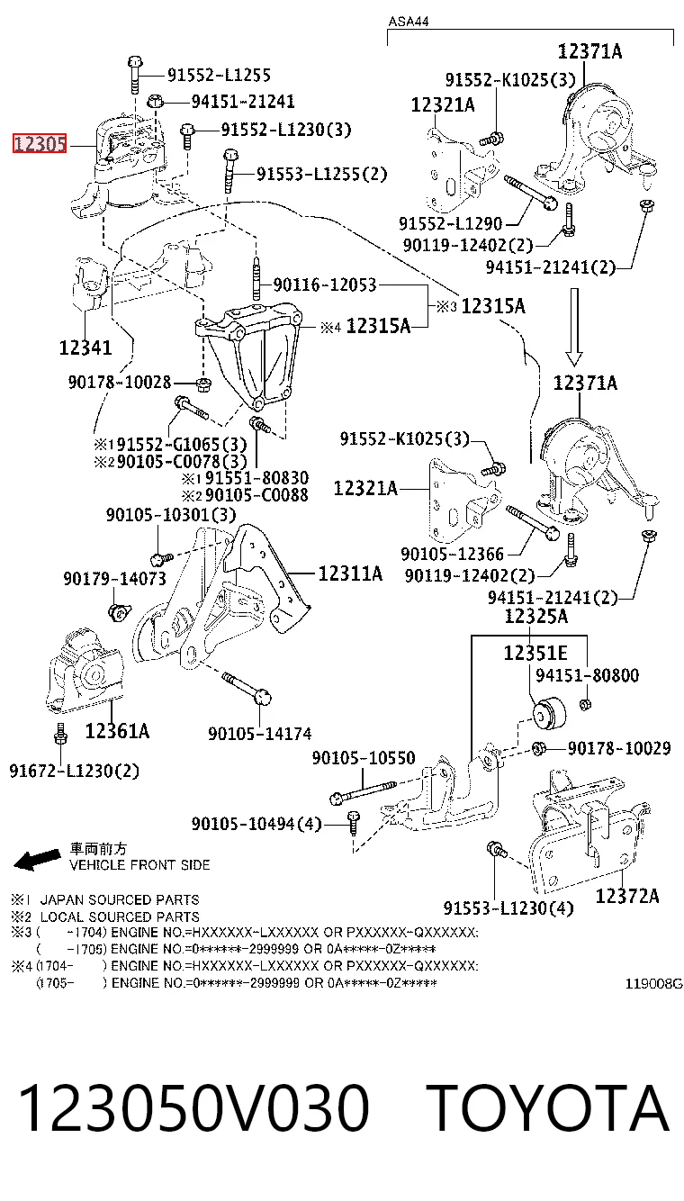 123050V030 Toyota Coxim (suporte) direito de motor