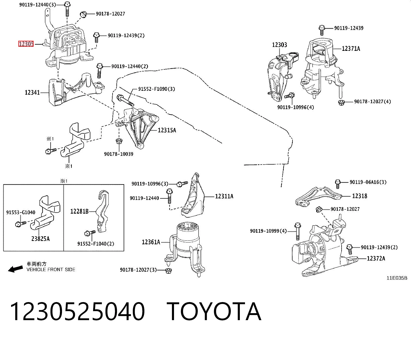 1230525040 Toyota Coxim (suporte) direito de motor