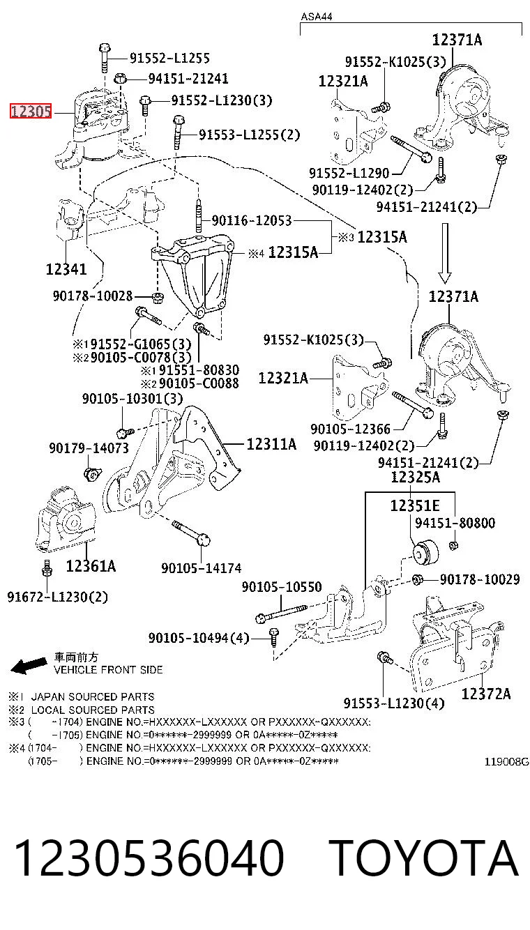 1230536040 Toyota Coxim (suporte) direito de motor