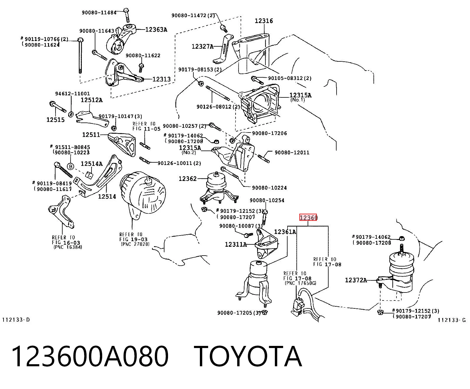 123600A080 Toyota Coxim (suporte) dianteiro de motor