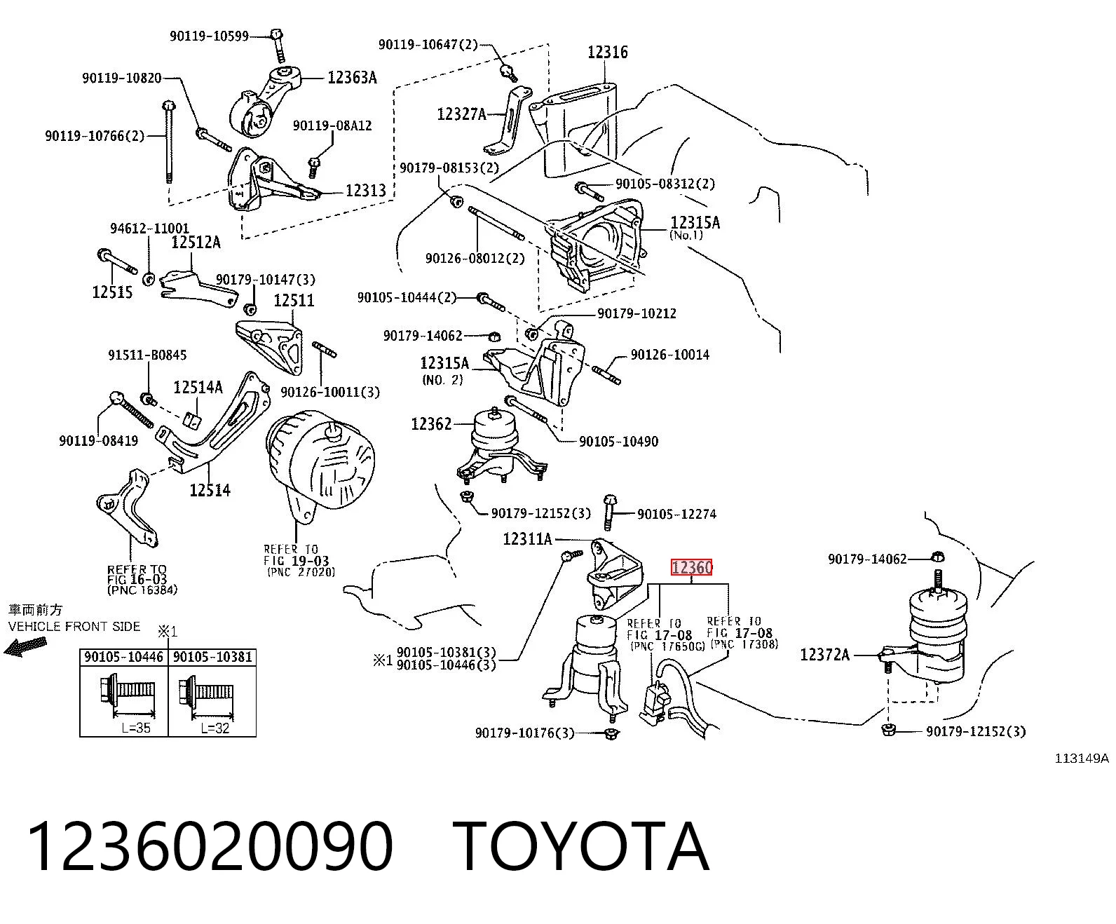 1236020090 Toyota Coxim (suporte) dianteiro de motor