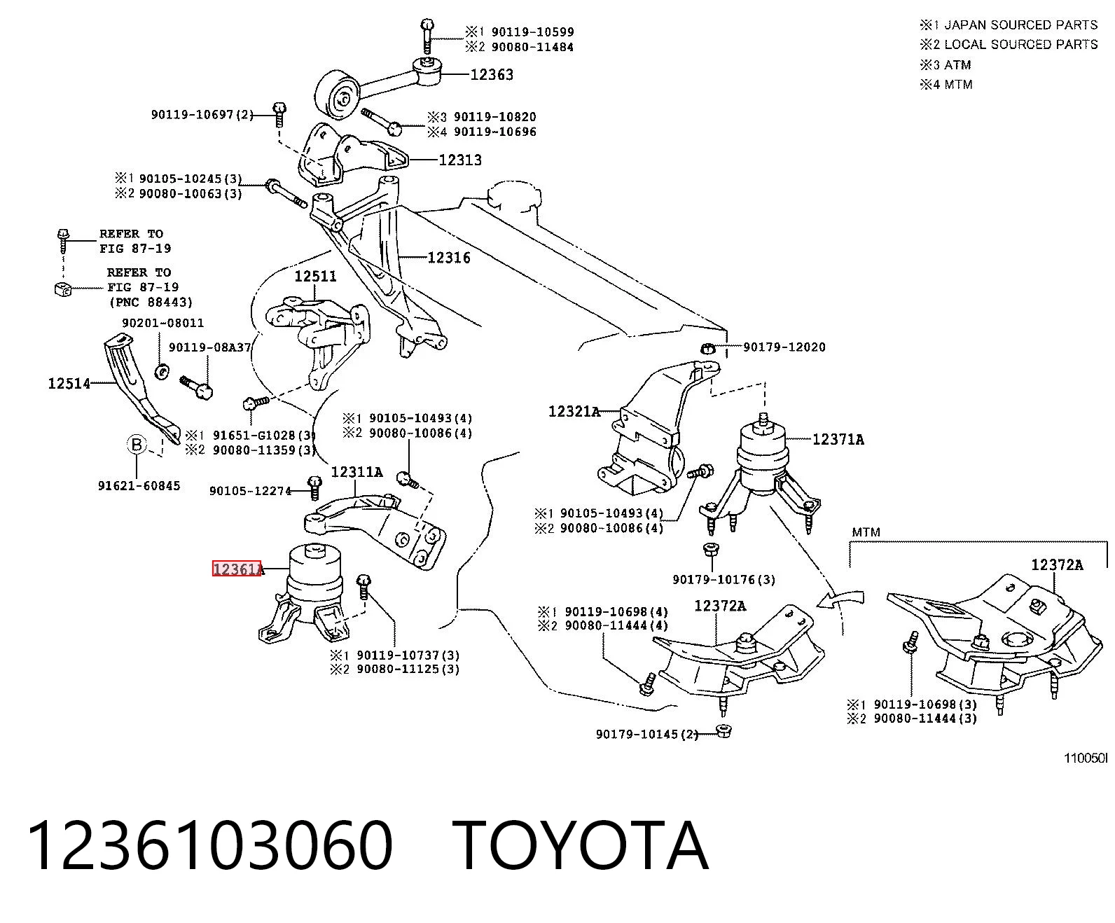 1236103060 Toyota Coxim (suporte) dianteiro de motor