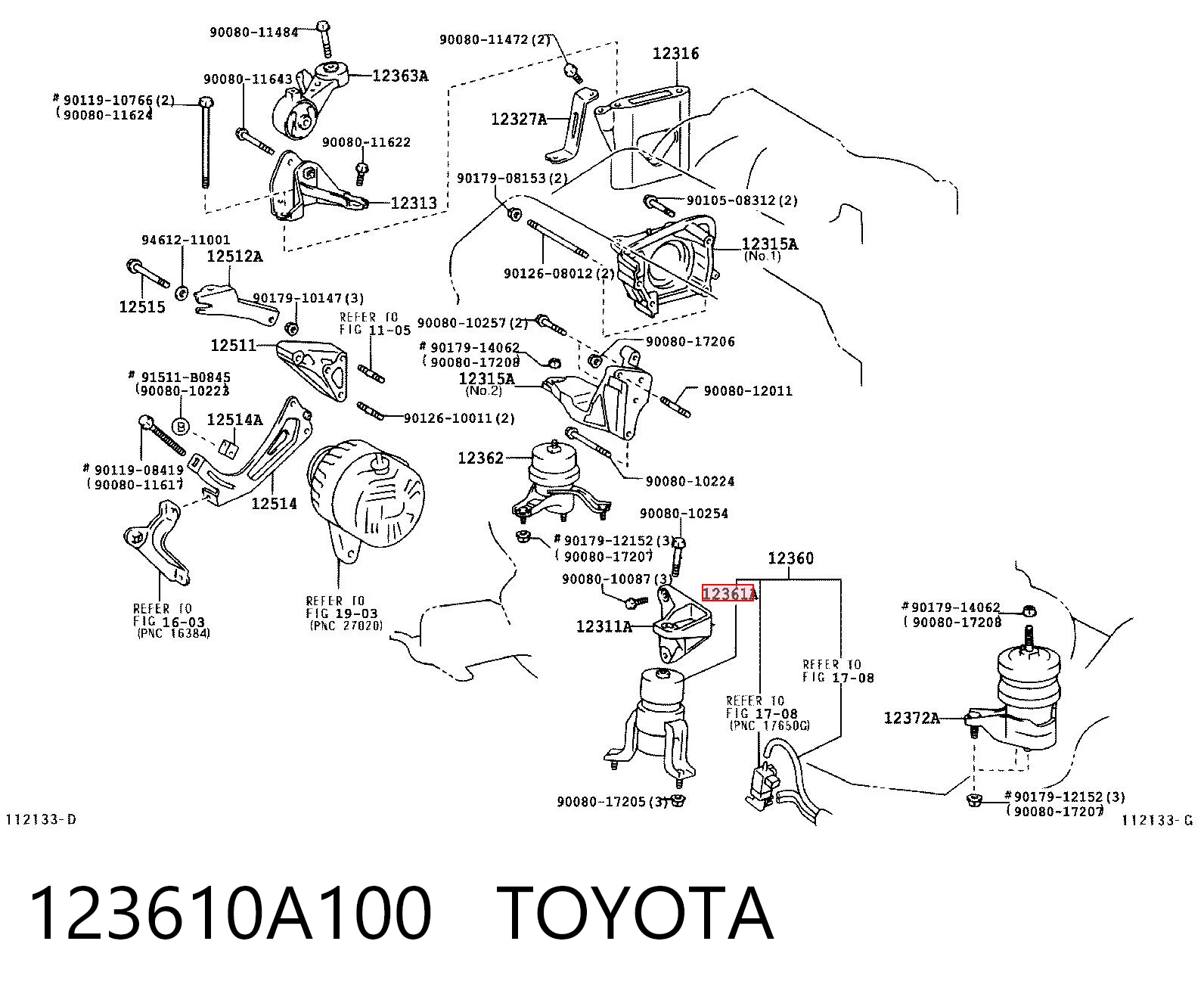 123610A100 Toyota Coxim (suporte) dianteiro de motor